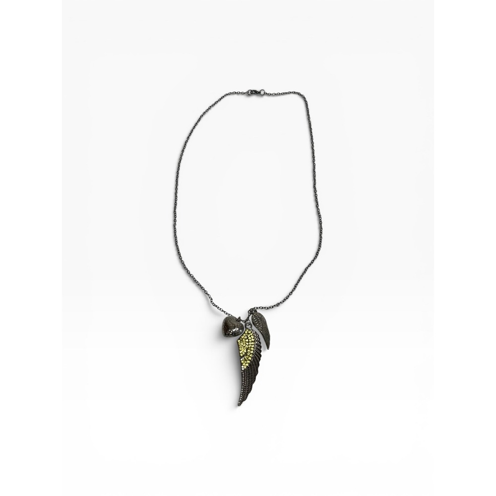 28" Gunmetal Necklace Wing Heart Pendant Yellow Rhinestone Edgy